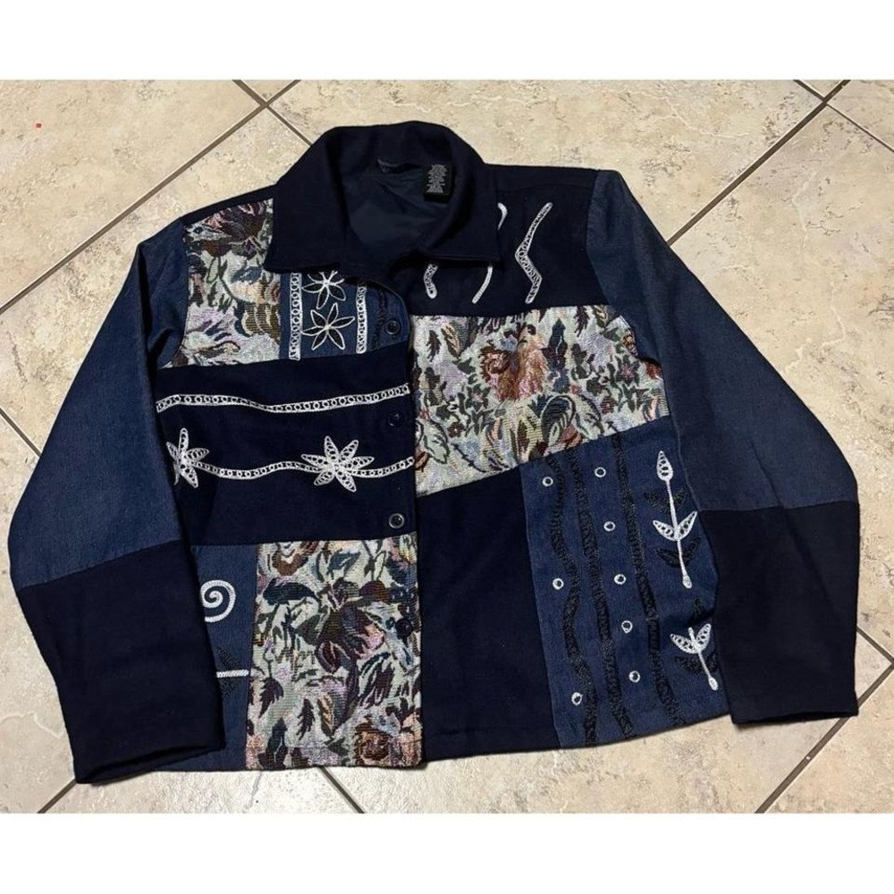 Vintage Take Two denim wool mixed media tapestry‎ patchwork jacket size xl